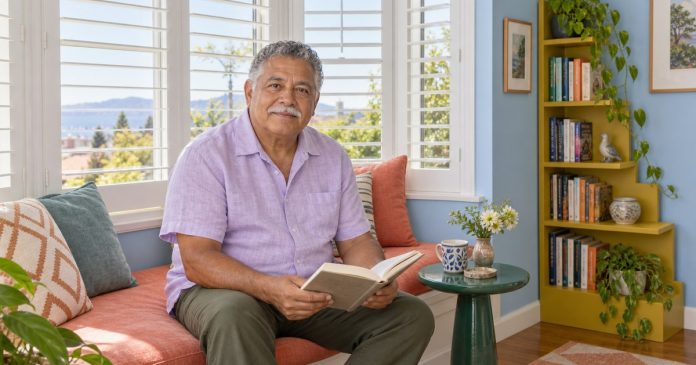 Pause Before Drawing Conclusions Mature man taking a quiet pause with a book in a bright reading nook.