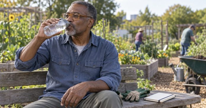 Gardener taking a planned break at a community garden