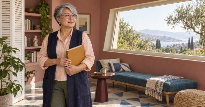A mature woman holding a closed book in a reading alcove.