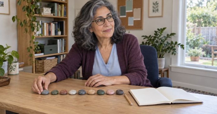 Personal Year Numerology Reflection A woman arranging nine stones while journaling in a home office