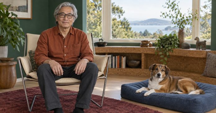 Pet communication and observable cues Mature man and relaxed dog sharing space in a bright sitting room
