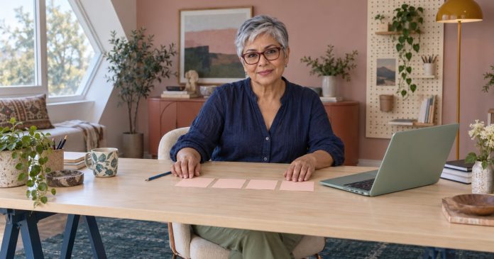 Planning an affiliate content path Mature woman arranging planning cards beside a modern laptop.