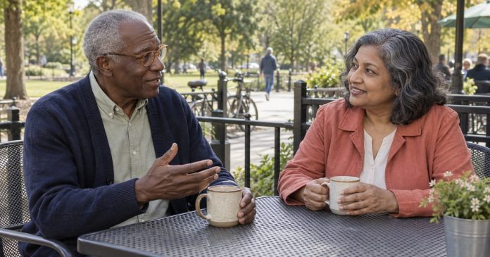 Can Platonic Friendships Work? Boundaries That Keep Them Clear Two mature friends talking at an outdoor neighborhood cafe