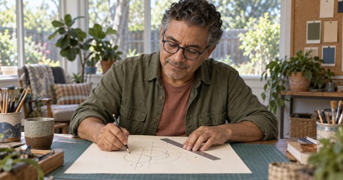 Man drawing a personal geometric symbol at a home craft table