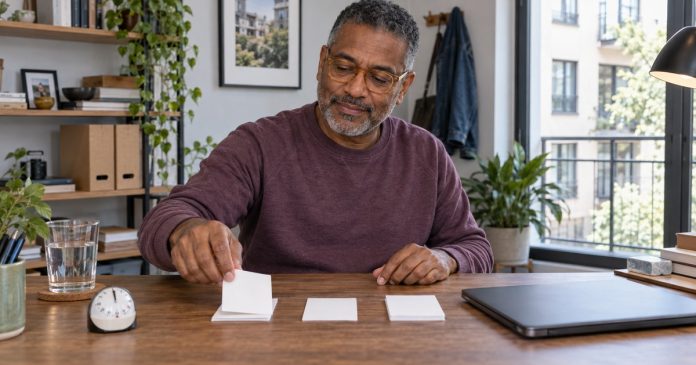 Man planning focused work and restorative breaks in a home office