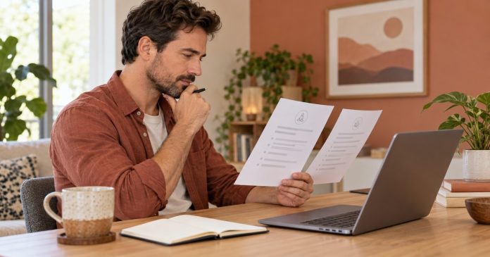 Man comparing two service-description sheets beside a laptop.
