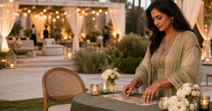 Event host arranging an optional tarot reflection table at a wedding