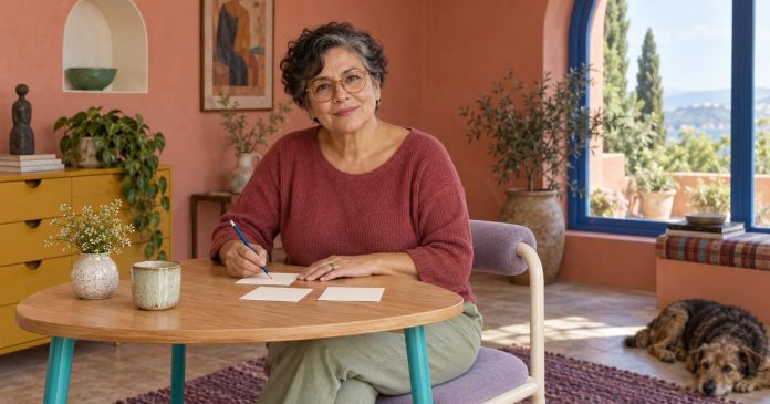 Questions for Love, Work and Home Mature woman organizing personal questions at a bright writing table.