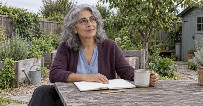 Woman reflecting quietly at a backyard garden table
