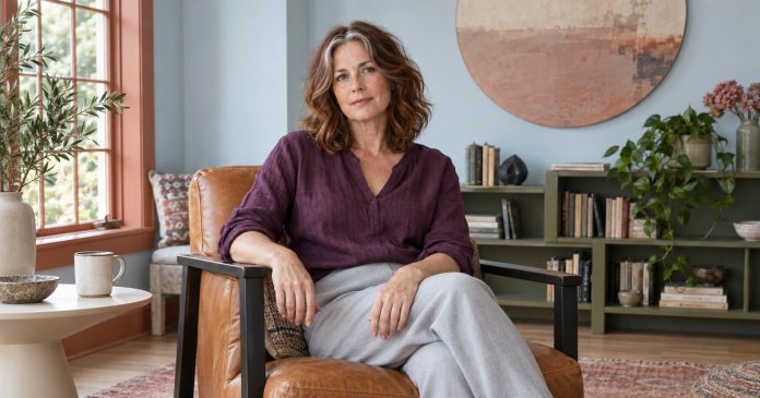 Relationship Questions and Personal Choice Mature woman reflecting quietly in a comfortable sitting room.