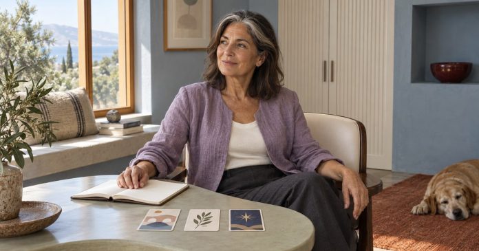 Relationship tarot and personal questions A mature woman reflecting beside symbolic cards and an open notebook.