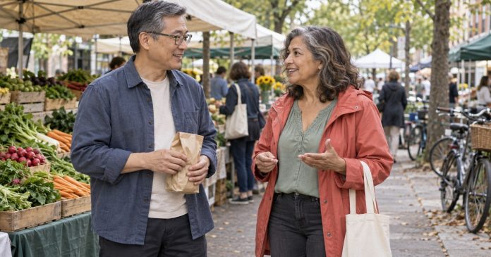 Respectful Flirting at an Outdoor Community Market Two mature adults chatting with comfortable space at an outdoor market