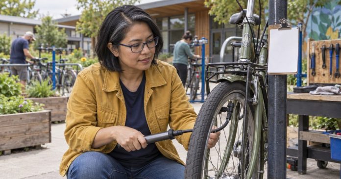 Woman practicing a bicycle repair at an outdoor community workshop