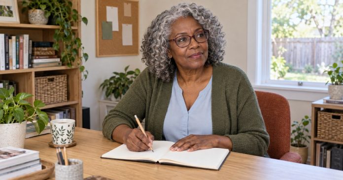 Self-esteem reflection in a home office Woman reflecting and writing in a calm home office