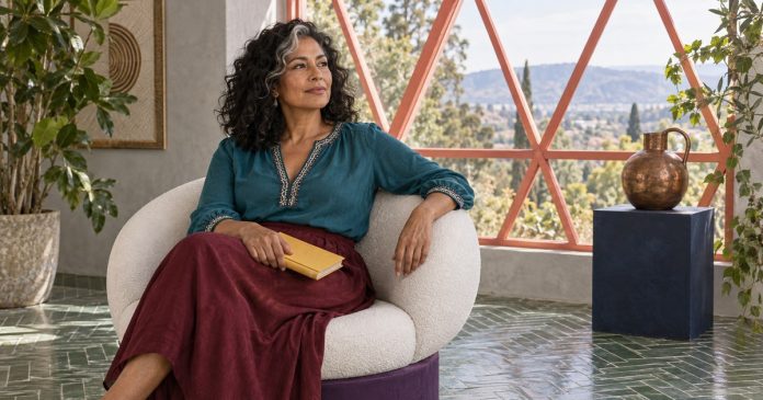 Self-trust and thoughtful reflection A woman holding a closed journal while sitting thoughtfully in a bright room