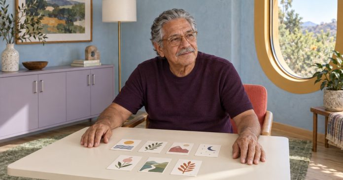 Seven-card personal reflection A mature man considering illustrated cards at a small table.