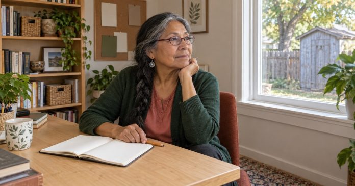 Grounded spirit guide reflection Woman pausing with a journal in a quiet home office