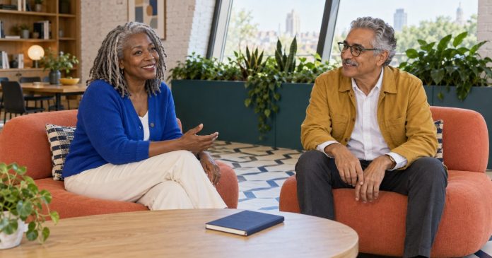 Two mature adults sharing a quiet conversation in a bright community lounge