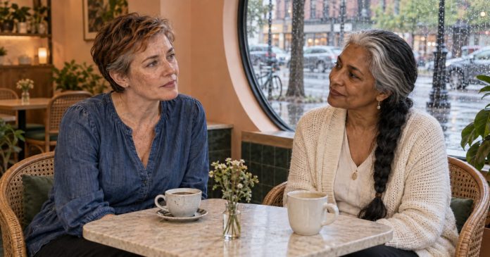 Support after a relationship ends Mature woman speaking with a supportive friend in a neighborhood cafe