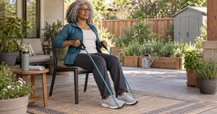 Sustainable fitness on a backyard patio Mature woman doing a gentle resistance-band exercise on a backyard patio