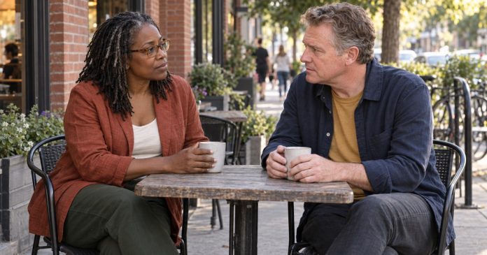 Talking About a Partner’s Friends A couple having a calm conversation at an outdoor neighborhood cafe