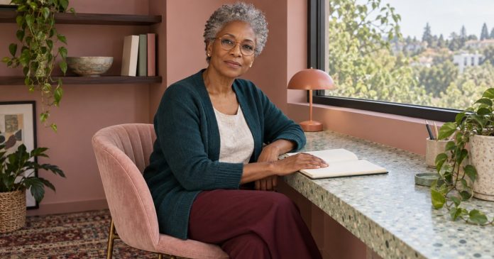 Third-eye reflection and clarity Mature woman considering notes at a bright writing counter