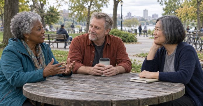 How to Stop Feeling Like a Third Wheel Three mature friends sharing an inclusive conversation at a park table