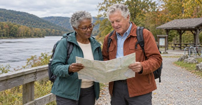 How to Choose Your Next Travel Destination Mature travelers reviewing a map at a riverside trailhead