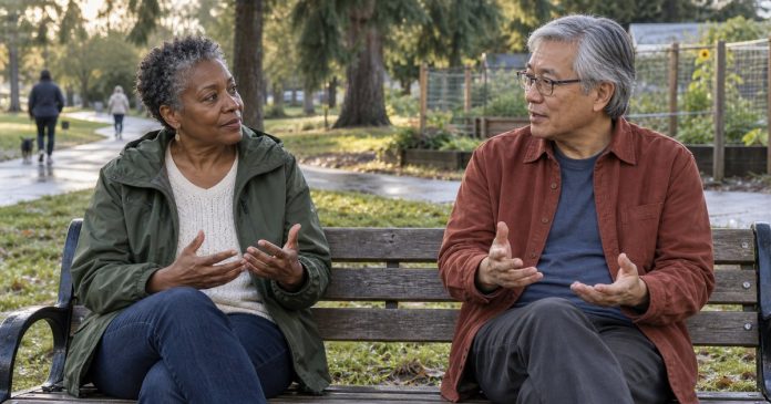 Unresolved Conflict: Calm Park Conversation Two friends having a calm conversation on a park bench