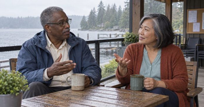 Two mature friends talking on a covered lakeside patio
