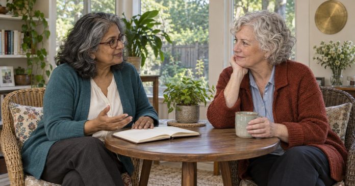 Zodiac compatibility conversation in a home sunroom Mature couple having a thoughtful conversation in a bright home sunroom